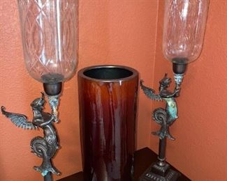 Antique Beaux Arts Mermaid Angel Bronze Candlesticks & Globes, Pier 1 Vase!