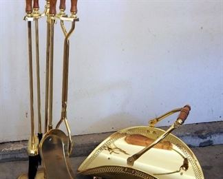Brass Toned Fireplace Tool Set Including Kindling Basket
