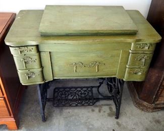 Antique Domestic Electric Sewing Machine On Cast Iron Treadle Base, 30.5" x 34.5" x 18"
