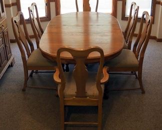 Keller Solid Oak Double Pedestal Dining Table, 29" x 60" x 42", Including 11.5" Leaves, Qty 3, And Dining Chairs With Upholstered Seats, Qty 6