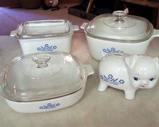 Corning Ware Cornflower Blue Lidded Casserole Dishes, Qty 3 And Piggy Bank