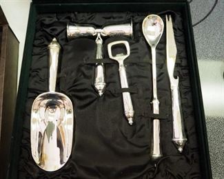 Heirloom Sterling Silver Damask Rose Flatware, Qty 18, And Towle Silver Plate Bar Set In Felt Storage Box And More
