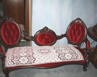 CHILD SIZE Victorian Settee!  Compare size to the end table next to it!
