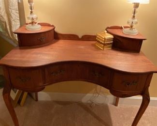 Antique Kidney Shaped Writing Desk / Vanity - 3 drawers on front and 2 on top