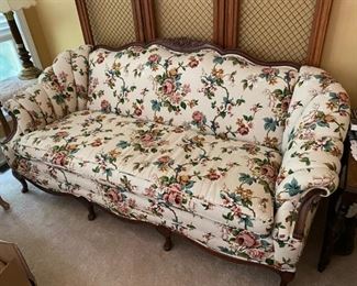French Provincial Sofa and Chair with carved walnut accents