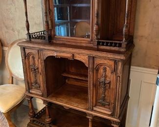 Antique French Carved Thin Sideboard Cupboard with Galleried top