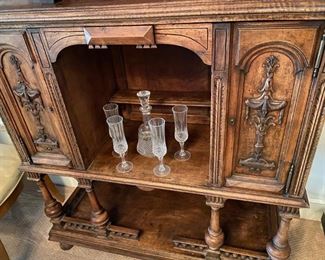 Antique French Carved Thin Sideboard Cupboard with Galleried top