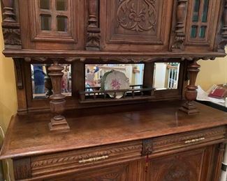 Antique, Beautifully Carved French Buffet Hutch with Mirrored Middle
