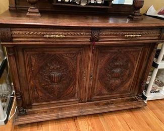 Antique, Beautifully Carved French Buffet Hutch with Mirrored Middle