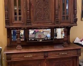 Antique, Beautifully Carved French Buffet Hutch with Mirrored Middle