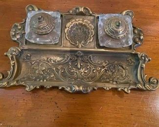 Vintage Ornate Cast Brass / Glass Double Desk Inkwell with Pen Tray