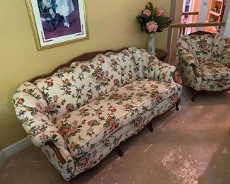 French Provincial Sofa and Chair with carved walnut accents