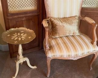 Traditional Whitewashed Wood, Arm Chair with wide seat and Vintage Gilded Italian Wine Side Table