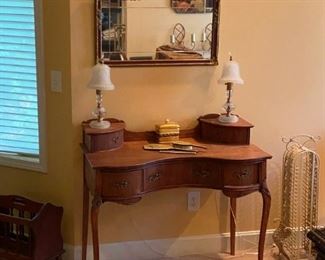 Antique Kidney Shaped Writing Desk / Vanity - 3 drawers on front and 2 on top and vintage Wall Mirror