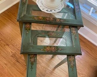 Vintage Tole Painted Nesting Tables with glass inlay (Set of 3)