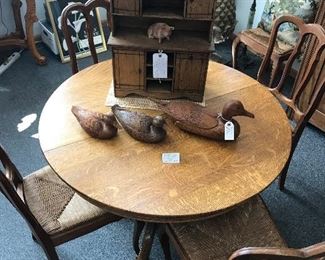 Round Oak Table with Claw Ft. Comes with 3 Leaves. 42” without leaves, 8” Leaves
Miniature Hoosier, Hand Carved Set of Ducks by Rich Stanley 1983-1985 of Minn.