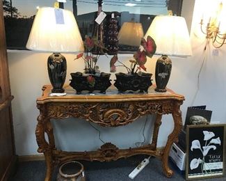 Mahogany carved table with marble inset, stunning piece!!