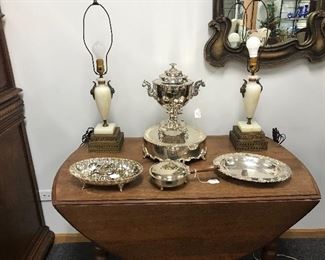 Marble and Bronze, matching lamps
Silver plate pieces