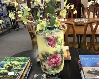Large Hand Painted Vase with Roses, Scallop Table with Coffee Table Books