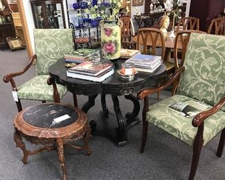 Walnut Chairs with Lee Jova Designer Fabric
Small Walnut Carved Table with Brown Marble Inset Top