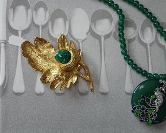 Green peacock medallion with glass pearls chain.