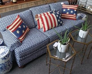 Baker Sofa, Flag Down Pillows, Hexagon glass top matching small tables, with faux brass bamboo legs.