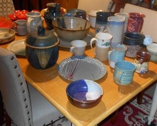 large collection pottery, kitchen table & 4 upholstered chairs