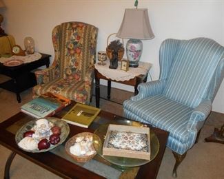 IRON, WOOD, & SLATE COFFEE TABLE, Upholstered chairs small tables