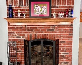 Fireplace screen, fireplace tools and sports memorabilia