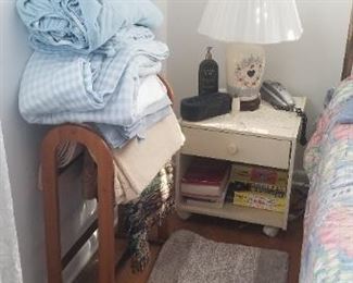 Mid-century nightstand; solid wood quilt rack