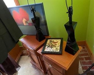Two oak nightstands with matching lamps