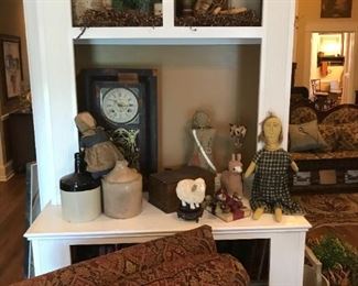 Nice old clock, jugs, doll