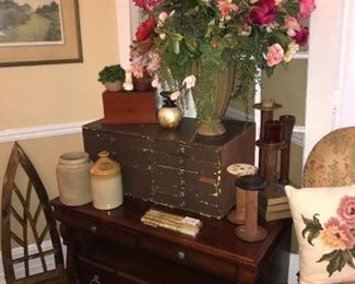 Chest, pottery, spools