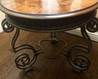 Scroll metal base with wood top round side table