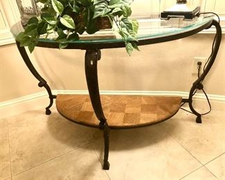 Iron, wood and glass half round table