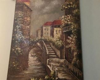 Italian scene oil on canvas scroll