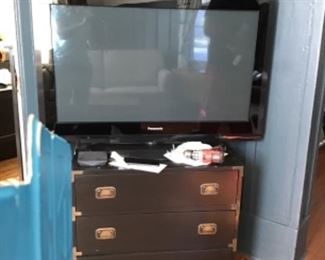 Panasonic Flat Screen TV with remote, brass trimmed three drawer chest