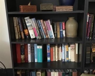 Books, antique stoneware jug, small boxes