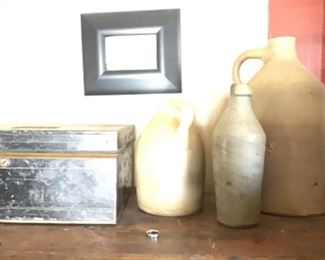 Antique Stoneware Jugs, antique tin Document box
