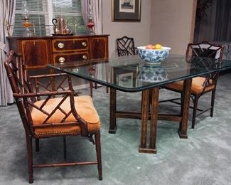 Dining table with rectangular and hexagonal glass tops and 4 faux bamboo and suede chairs