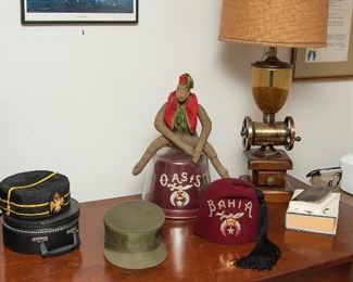 Shriner hats, a shriner monkey and coffee grinder lamp
