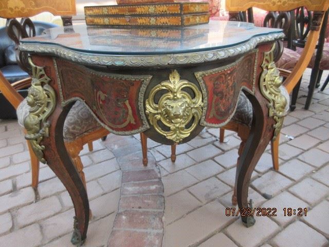 French style Boulle inlaid desk w glass top