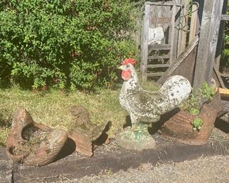 vintage terra cotta and cement garden pots and statues - Roosters
