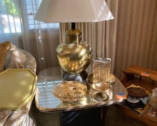 80's mirrored side table and brass lamp