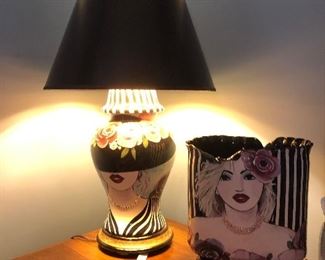 Judy Pinkney, hot springs, Ar artist, hand painted lamp and waste can