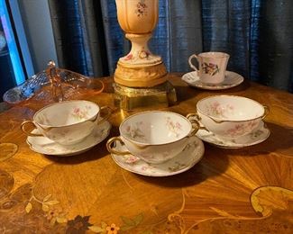 Limoge cream soups and antique lamp