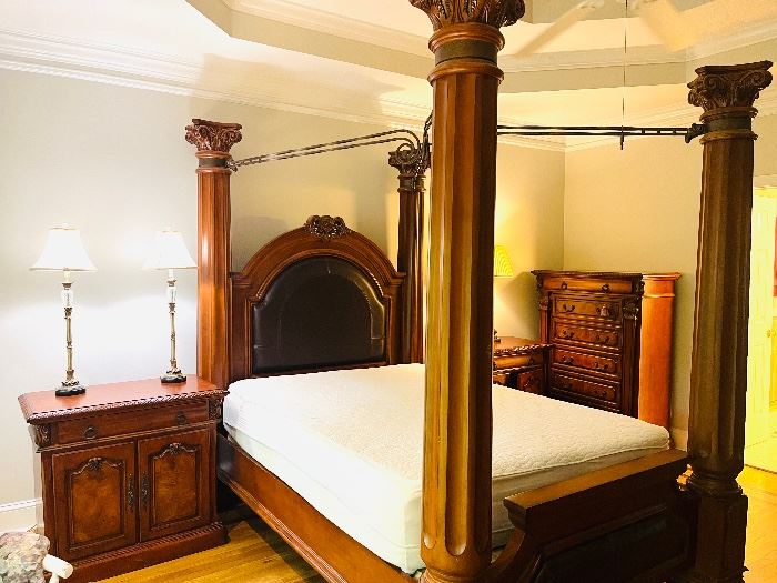 Unique queen four post bed with leather inlay headboard and footboard