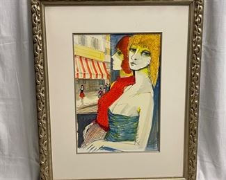 INV #22: Charles Levier original artwork, 1960s French  Street Women, modernist mixed media H 23" x W 16" (with certificate)