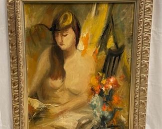 INV #25: Moses Soyer signed painting, topless woman reading, H 30" x W 23.5"