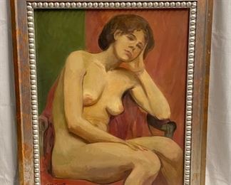 INV #24: Original painting signed Sylvia Gardette, Seated Nude Woman, Oil painting, C. 1960s, H 28.5" x W 23"